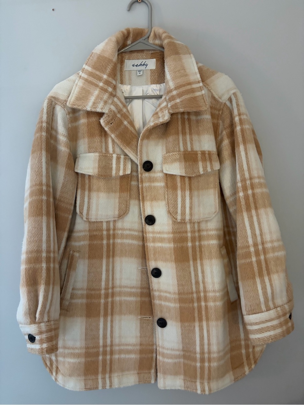 Women’s Oversized Plaid Shacket Jacket in Beige and Cream